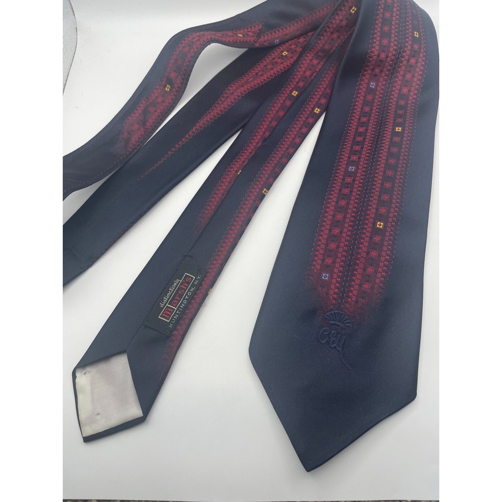 Countess Mara Mens Silk Tie Navy Blue Red Geometric Stripe Marshs Huntington NY